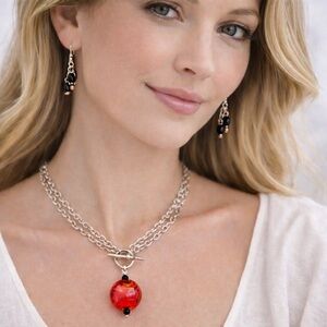 Sterling Silver Murano Venetian Glass Red+Black Necklace & Drop Earrings set 17”